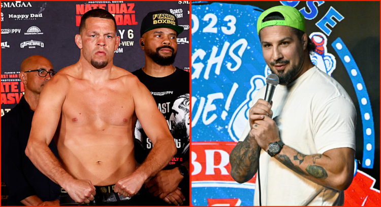 Left photo shows Nate Diaz flexing, Right photo shows Brendan Schaub