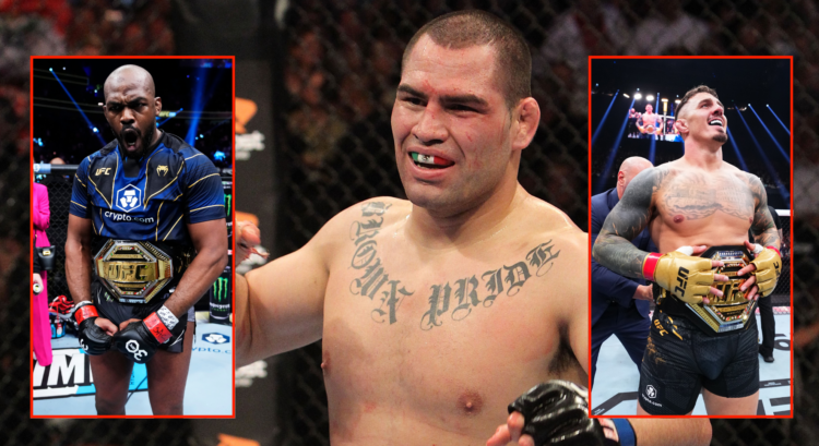 Cain Velasquez (middle) following his TKO win over Brock Lesnar at UFC 121 with pop out images of Jon Jones (left) and Tom Aspinall (right)