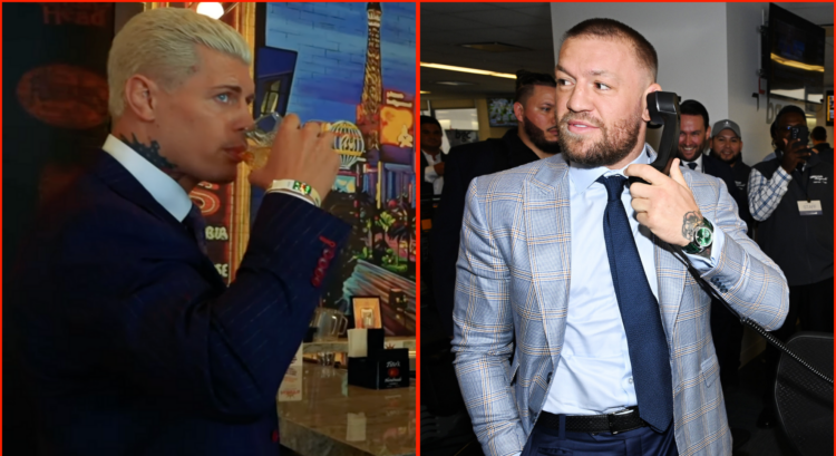 Left photo shows Cody Rhodes drinking Proper 12 whiskey, Right photo shows Conor McGregor on the phone