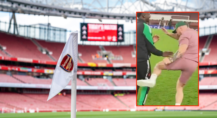 Arsenal FC flag (left) ahead of their fixture against Southampton FC and Conor McGregor leg kicking Bukayo Saka (right)