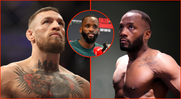 Conor McGregor (left) before his UFC 264 fight, Leon Edwards (right) backstage at UFC 304 and Fabian Edwards (middle) at Bellator Dublin media day