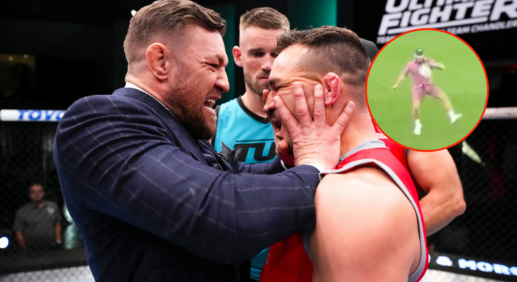 Main photo shows Conor McGregor pushing Michael Chandler in the face. Bubble photo shows Conor McGregor playing soccer