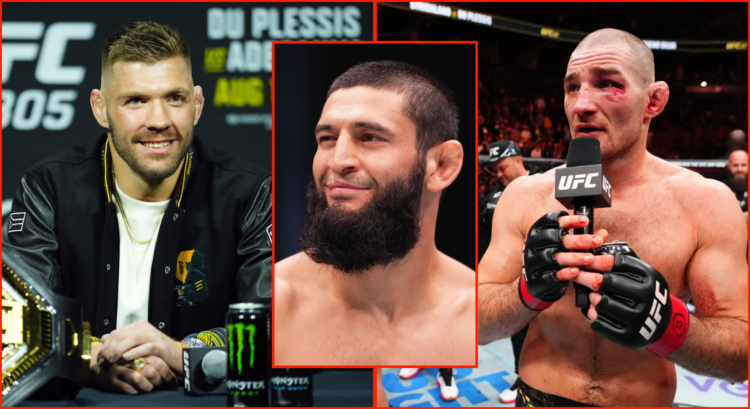 Pop out image of Dricus Du Plessis at the UFC 305 pre-fight press conference, Khamzat Chimaev at UFC 294 and Sean Strickland after his title fight ...