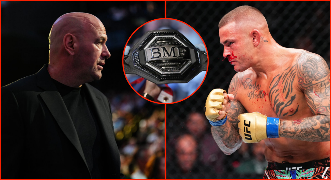 Split of the BMF title held aloft at UFC 261, Dustin Poirier at UFC 302 and Dana White at UFC 306