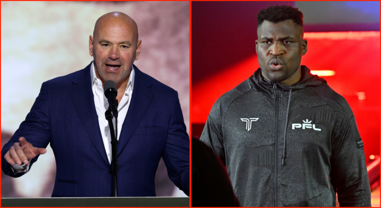 Left Dana White speaking at the RNC, Right Francis Ngannou walking to the cage for his PFL debut