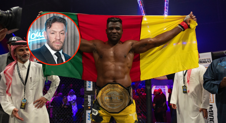Main photo shows Francis Ngannou raising the Cameroon flag while wearing his PFL belt. Bubble shows Conor McGregor