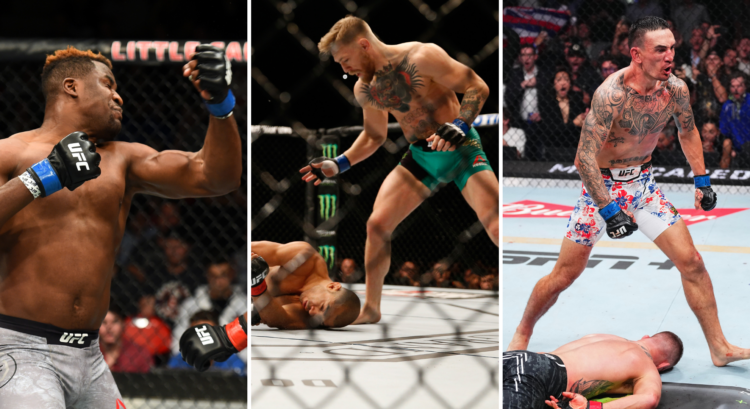 Francis Ngannou KOs Alistair Overeem (left), Conor McGregor KOs Jose Aldo (middle) and Max Holloway KOs Justin Gaethje (right)