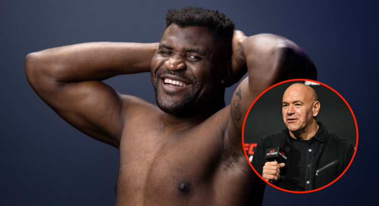 Francis Ngannou (left) during a photoshoot in Paris and Dana White (left) at a press conference in Dublin