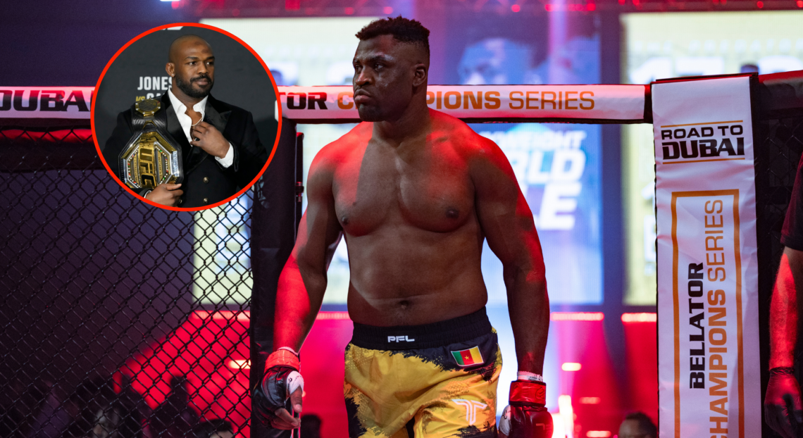 Main photo shows Francis Ngannou, bubble shows Jon Jones