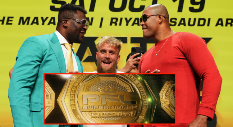 Main photo shows Francis Ngannou facing off with Renan Ferreira as Jake Paul holds them apart. Block photo shows the new PFL Super Fights belt