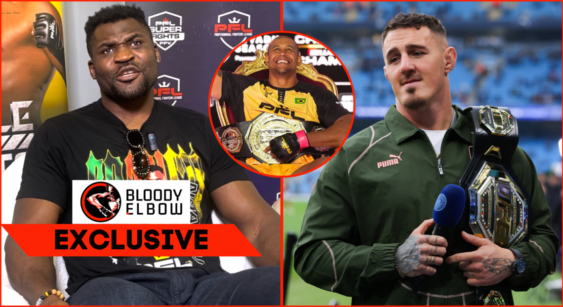 Left photo shows Francis Ngannou during an interview, Right shows Tom Aspinall during an interview, middleshows Renan Ferreira