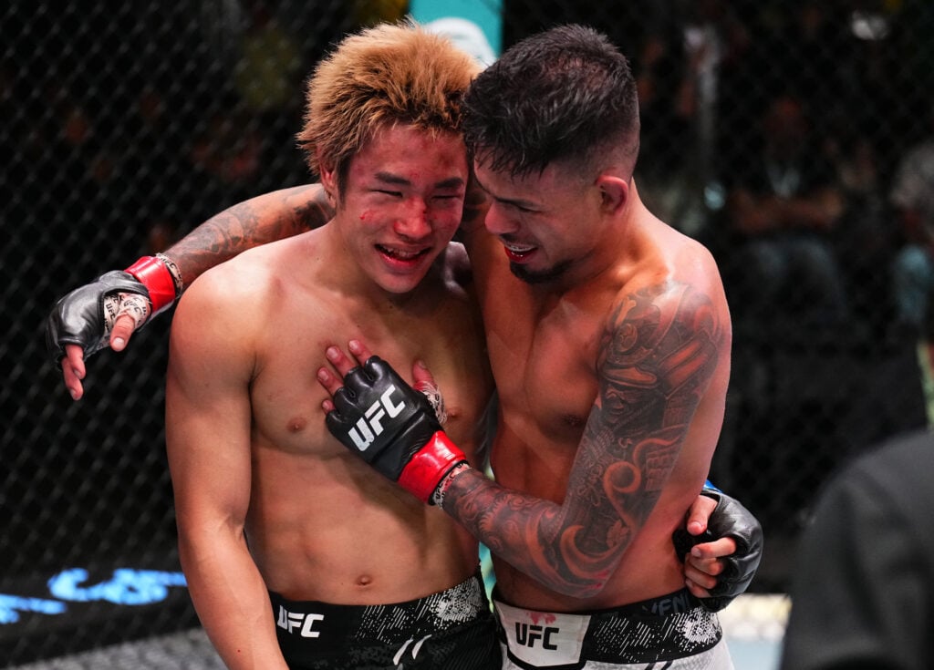 Brandon Royval hugs Tatsuro Taira after his victory at UFC Las Vegas 98
