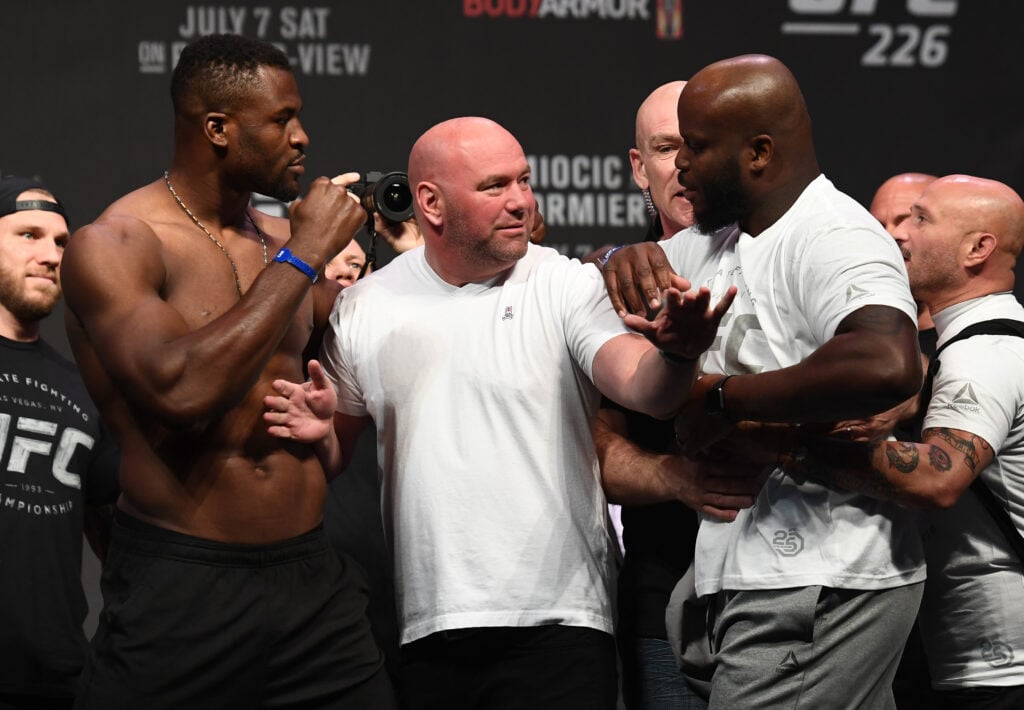Derrick Lewis and Francis Ngannou face off at the UFC 226 ceremonial weigh-ins.