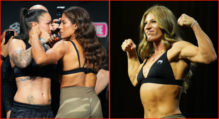 Pop out of Kayla Harrison, Raquel Pennington and Julianna Pena at UFC 307 ceremonial weigh ins