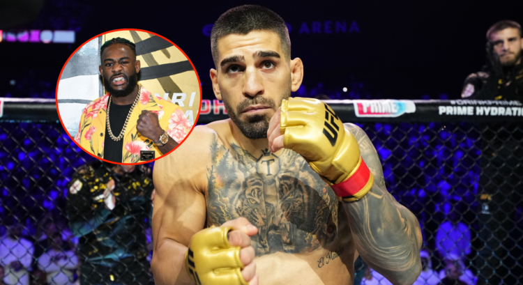 Main photo shows Ilia Topuria just before UFC 308. Bubble photo shows Aljamain Sterling