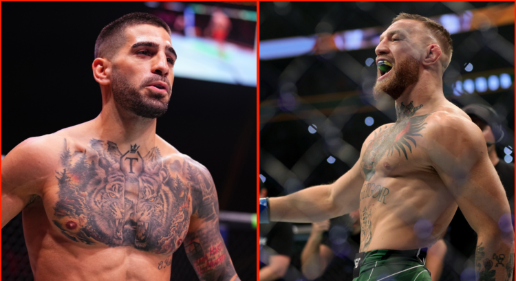 Ilia Topuria (left) moments after his UFC 308 win over Max Holloway and Conor McGregor (right) at UFC 264