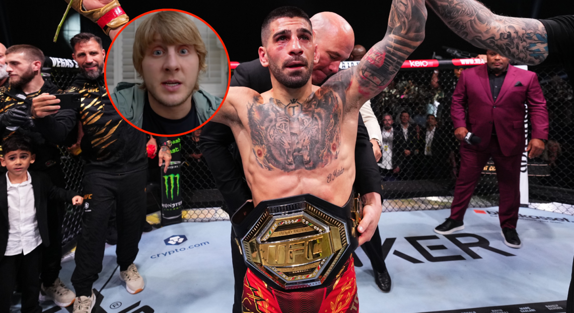 Main photo shows Ilia Topuria with the UFC title. Bubble photo shows Paddy Pimblett