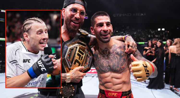 Ilia Topuria celebrates his UFC 308 win over Max Holloway with Sergio Ramos (right) and Paddy Pimblett (left) following his win at UFC 304