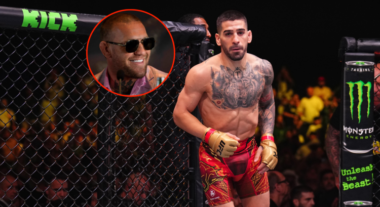 Main photo shows Ilia Topuria at UFC 308, bubble photo shows Conor McGregor