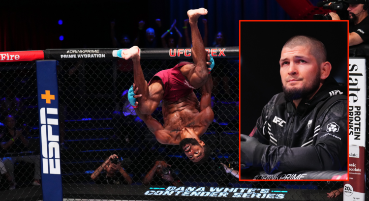 Jacobe Smith (left) moments before his DWCS fight and Khabib Nurmagomedov (right) at UFC Fight Night Sandhagen vs Nurmagomedov