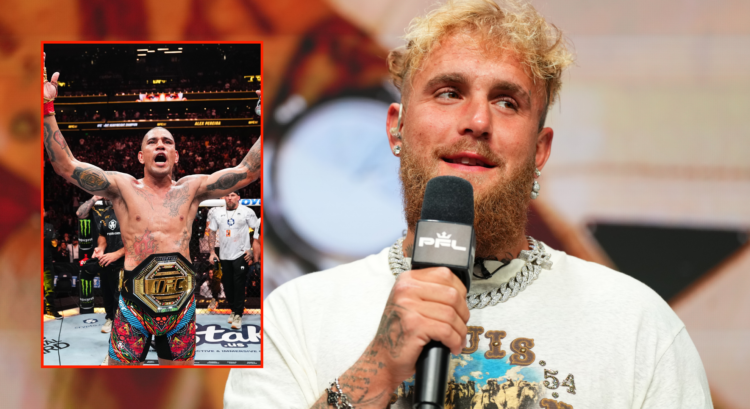 Alex Pereira (left) following his UFC 307 win and Jake Paul (right) at PFL Battle of the Giants press conference