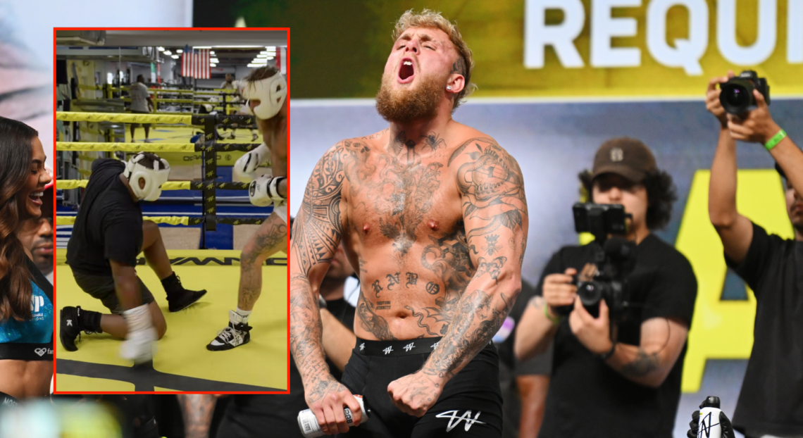 Main photo shows Jake Paul weighing in for a fight and flexing. Block photo shows Jake Paul dropping a fighter in sparring