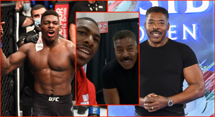 Left photo shows Joaquin Buckley after a UFC fight. Middle photo shows Joaquin Buckley with Ernie Hudson. Right photo shows Ernie Hudson at a Ghost...