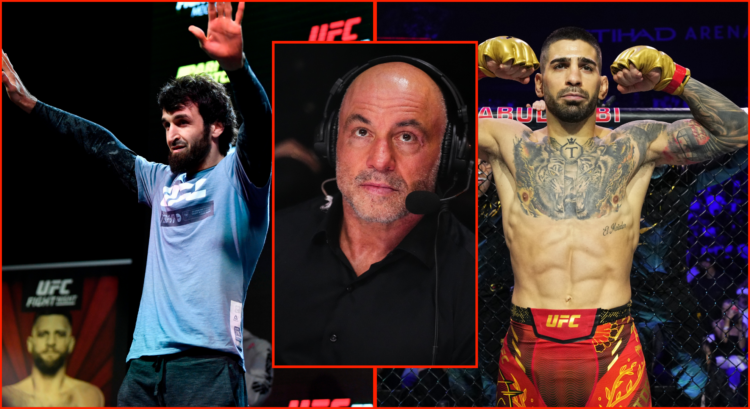 Joe Rogan (middle) commentating at UFC 306, Zabit Magomedsharipov (left) during an open workout before UFC Fight Night, and Ilia Topuria (right) mo...