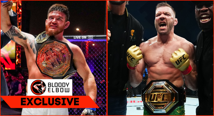 Right photo shows Johnny Eblen with the PFL title. Right photo shows Dricus Du Plessis with the UFC title. Overlay text reads: "BLOODY ELBOW EXCLUS...