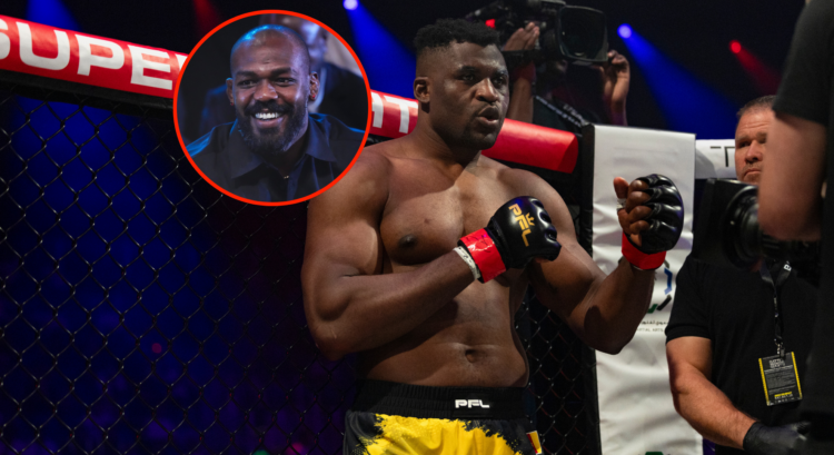 Main photo shows Francis Ngannou in the PFL, bubble shows Jon Jones