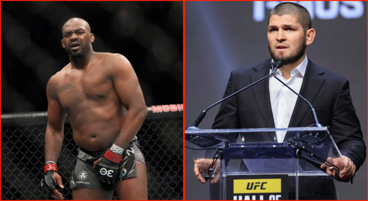 Left photo shows Jon Jones during a UFC fight, Right photo shows Khabib Nurmagomedov at the UFC Hall of Fame
