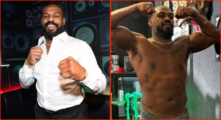 Left photo shows Jon Jones at a party. Right photo shows him flexing after a workout showing off a ripped physique