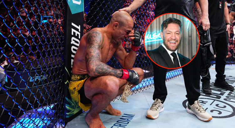 Main photo shows Jose Aldo upset after losing at UFC 307, bubble shows Conor McGregor smiling at a movie premiere