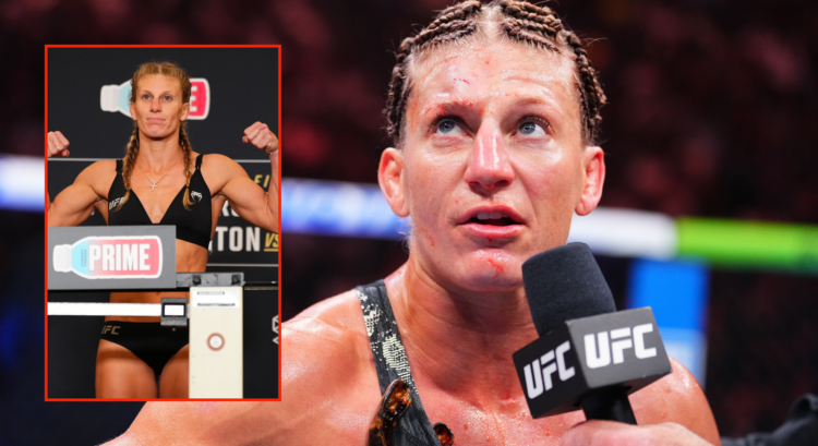 Kayla Harrison (left) during the UFC 307 ceremonial weigh-ins and (right) following her win over Ketlen Vieira