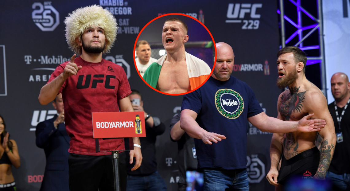 Main photo shows Khabib Nurmagomedov weighing in while Conor McGregor is held back by Dana White. Bubble shows Paul Hughes