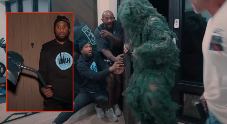 Main photo shows Khalil Rountree and his teammate meeting a man claiming to be 'bigfoot'. Block photo shows Darryl King Walker holding a shovel
