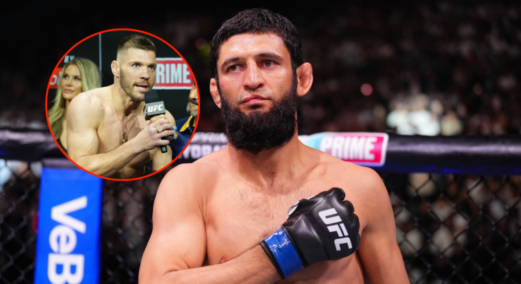 Main photo shows Khamzat Chimaev at UFC 308. Bubble shows Dricus Du Plessis speaking into a microphone