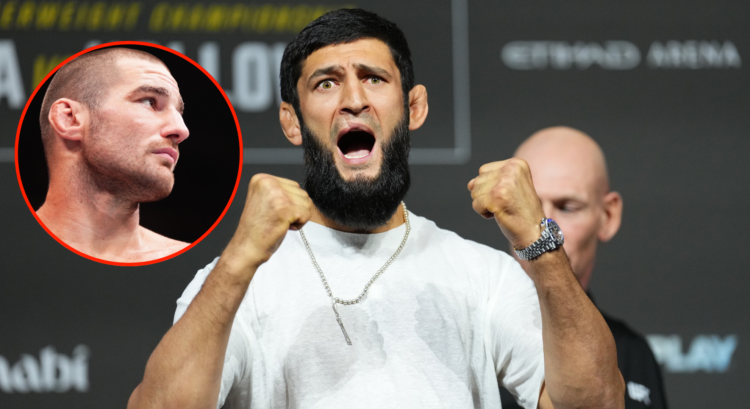 Khamzat Chimaev at the UFC 308 press conference, inset Sean Strickland at UFC 302