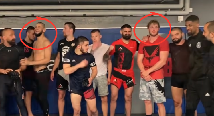 A photo from a training session with highlight circles over Khamzat Chimaev (left) and Logan Paul (right)