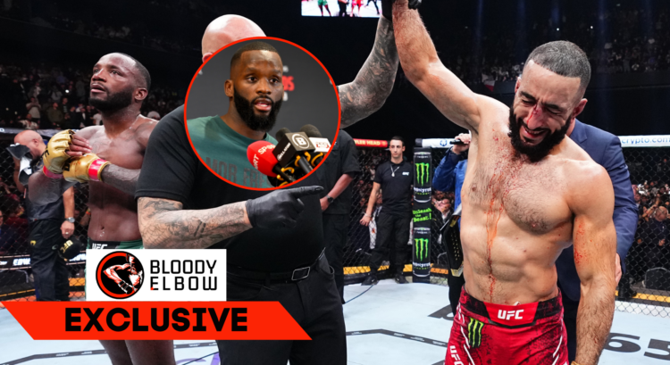 Main photo shows Belal Muhammad having his hand raised while Leon Edwards looks despondent. Bubble shows Fabian Edwards speaking. Overlay text read...