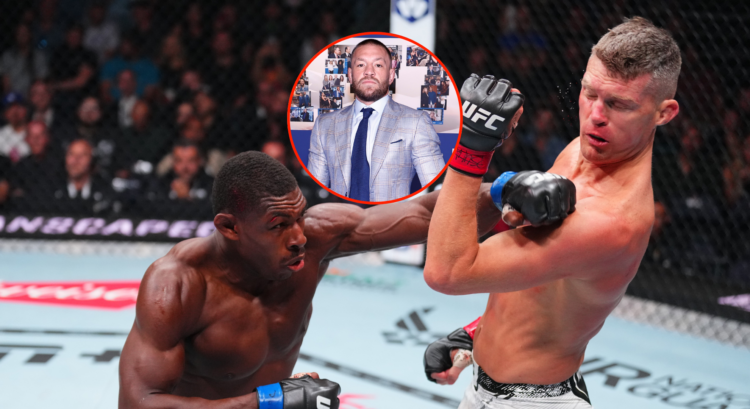 Main photo shows Stephen Thompson being punched by Joaquin Buckley. Bubble shows Conor McGregor
