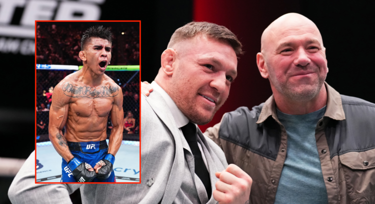 Main photo shows Conor McGregor with Dana White, block photo shows Mario Bautista after UFC 307