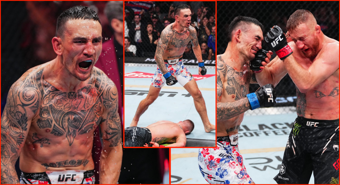 Side by side of three images showing Max Holloway’s victory over Justin Gaethje at UFC 300.