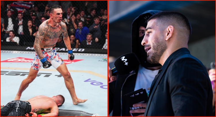 Max Holloway (left) moments after his UFC 300 KO over Justin Gaethje and Ilia Topuria (right) at the premiere of 'Topuria'