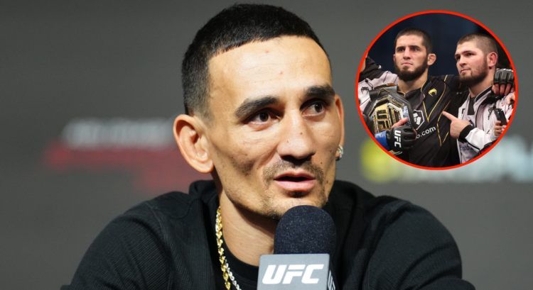 Max Holloway (left) at the UFC 308 press conference and Islam Makhachev and Khabib Nurmagomedov (right) following UFC 280