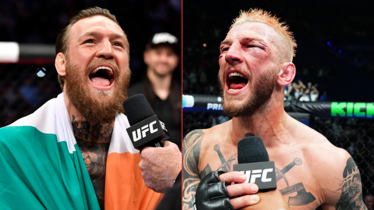 Conor McGregor and Dan Hooker talking into UFC microphones