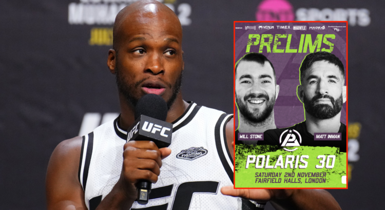 Michael 'Venom' Page (left) at the UFC 304 ceremonial weigh-ins and Polaris 30 poster (right)