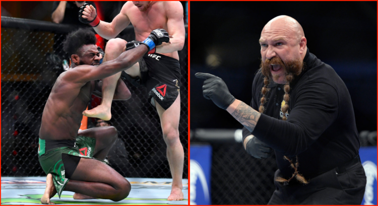 Side by side of Mike Beltran at UFC Fight Night: Lima v Jedrzejczyk and Aljamain Sterling being kneed by Petr Yan at UFC 259