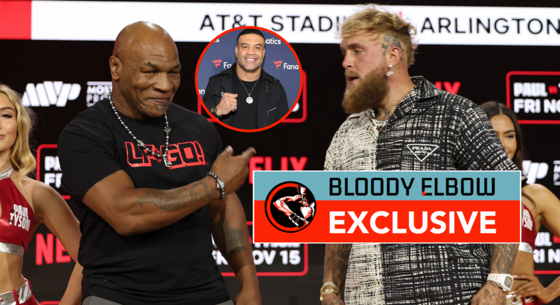 Main photo shows Mike Tyson pointing at Jake Paul. Bubble shows Shawn Merriman holding up a fist. Overlay text reads BLOODY ELBOW EXCLUSIVE