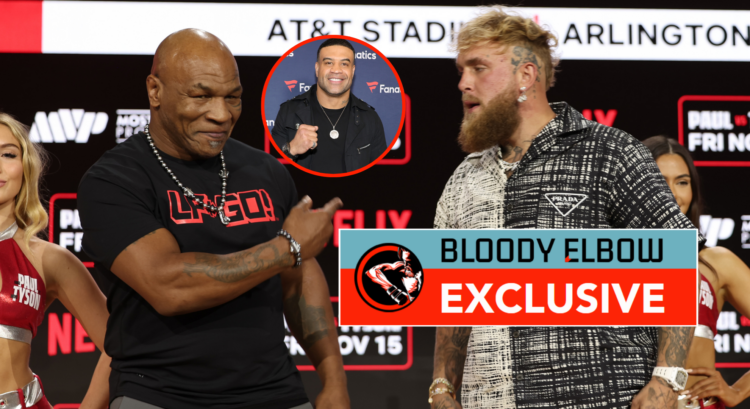 Main photo shows Mike Tyson pointing at Jake Paul. Bubble shows Shawn Merriman holding up a fist. Overlay text reads BLOODY ELBOW EXCLUSIVE